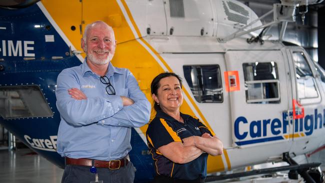 Chief executive Mick Frewen and general manager Jodie Mills at CareFlight’s Darwin hangar. Picture: Pema Tamang Pakhrin