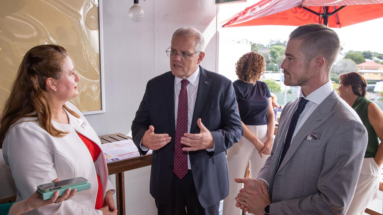 Prime Minister Scott Morrison campaigning with LNP candidate for Blair Sam Biggins. Picture: Jason Edwards