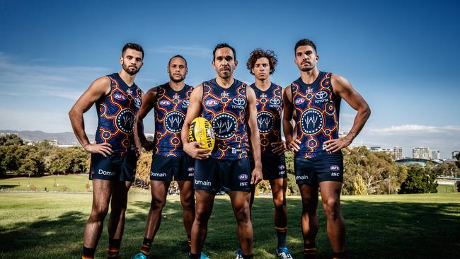 Indigenous players Wayne Milera, Cam Ellis-Yolmen, Eddie Betts, Ben Davis and Curtly Hampton wearing the Crows 2018 Indigenous guernsey at Montefiore Hill. Picture: MATT TURNER