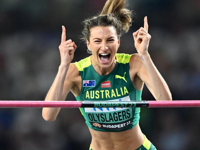 BUDAPEST, HUNGARY - AUGUST 27: Nicola Olyslagers of Team Australia reacts in the Women's High Jump Final during day nine of the World Athletics Championships Budapest 2023 at National Athletics Centre on August 27, 2023 in Budapest, Hungary. (Photo by Hannah Peters/Getty Images)