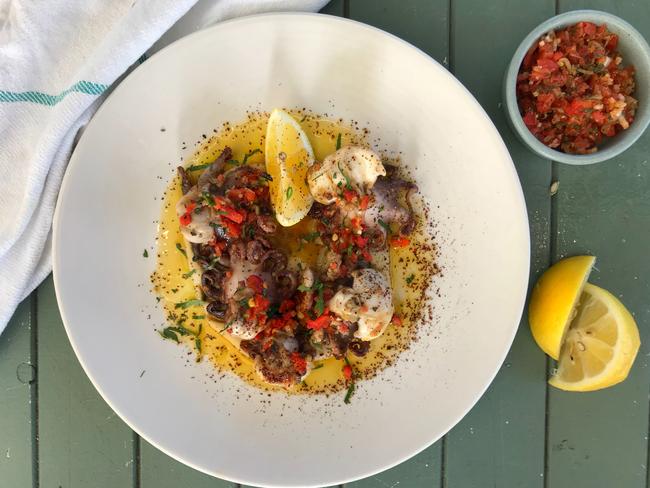 The charred baby octopus with chickpea puree and Calabrian chilli salsa. Picture: Jenifer Jagielski