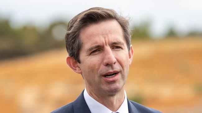 Federal Minister for Trade, Tourism and Investment Simon Birmingham speaks to media during a press conference announcing Australia's first compressed air energy storage project at Angas Zinc Mine near Strathalbyn, South Australia, Friday, February 8, 2019. (AAP Image/James Elsby) NO ARCHIVING