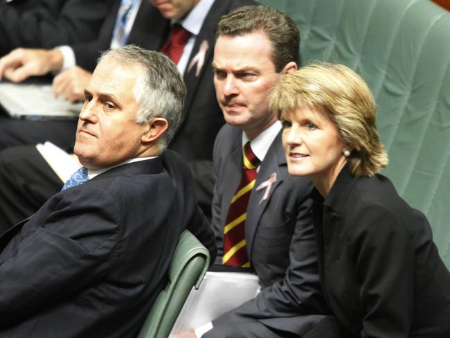 Malcolm Turnbull, Christopher Pyne and Julie Bishop during question time. Question time in the House of Representatives in Parliament House in Canberra.