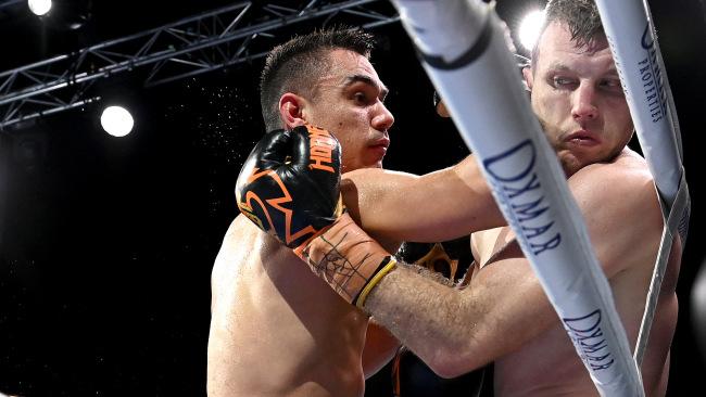 Tim Tszyu pushes Jeff Horn into the ropes. Picture: Getty Images