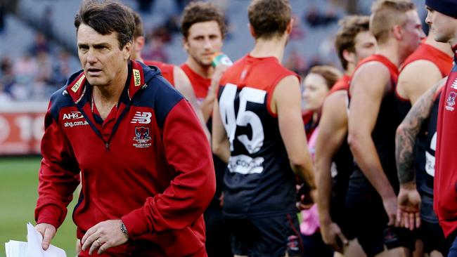 Demons coach Paul Roos after addressing his players. Picture: Colleen Petch