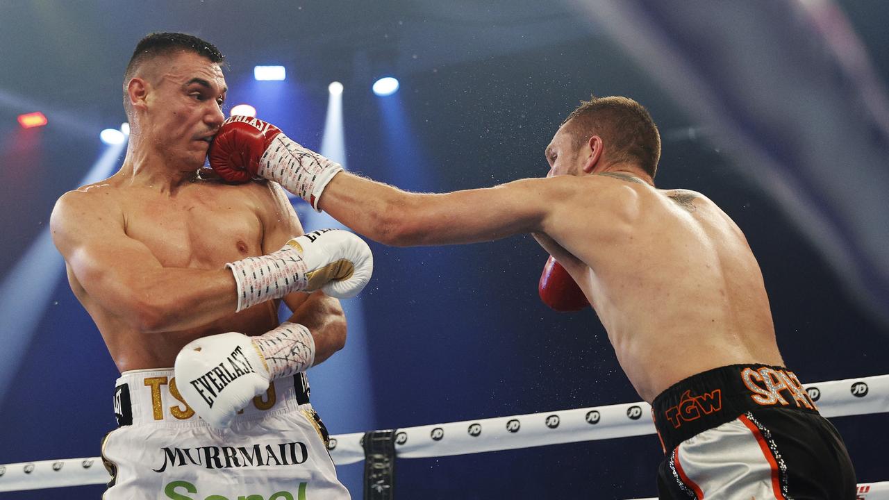 Stevie Spark throws a punch during the WBA Oceania WBO Global super welterweight title fight between Tim Tszyu. Picture: Getty Images)