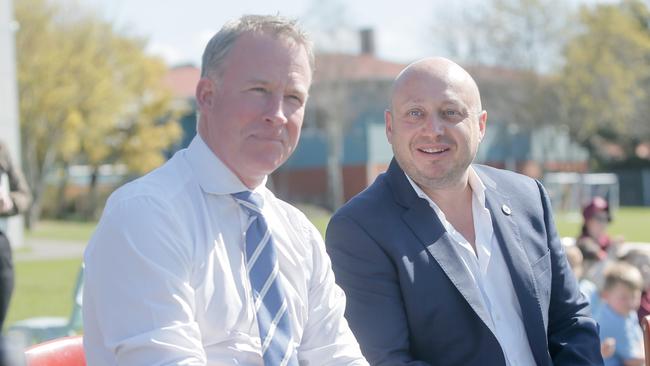 Premier Will Hodgman and NBL boss Larry Kestelman at Riverside Primary School at an event launching the NBL Blitz in Tasmania. Picture: PATRICK GEE