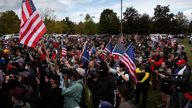 Several hundred members of the Proud Boys and other similar groups at a rally at Delta Park in Portland, Oregon. Picture: AFP.