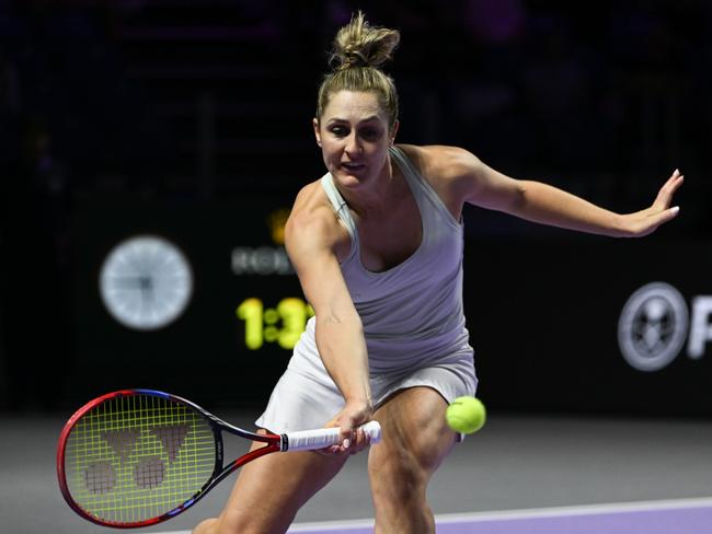 RIYADH, SAUDI ARABIA - NOVEMBER 09: Gabriela Dabrowski of Canada playing with Erin Routliffe of New Zealand during the Final match against Katerina Siniakova of the Czech Republic and Taylor Townsend of the USA on Day 8 of the 2024 WTA Finals, part of the Hologic WTA Tour, held at King Saud University Indoor Arena, on November 09, 2024, in Riyadh, Saudi Arabia. (Photo by Artur Widak/NurPhoto via Getty Images)