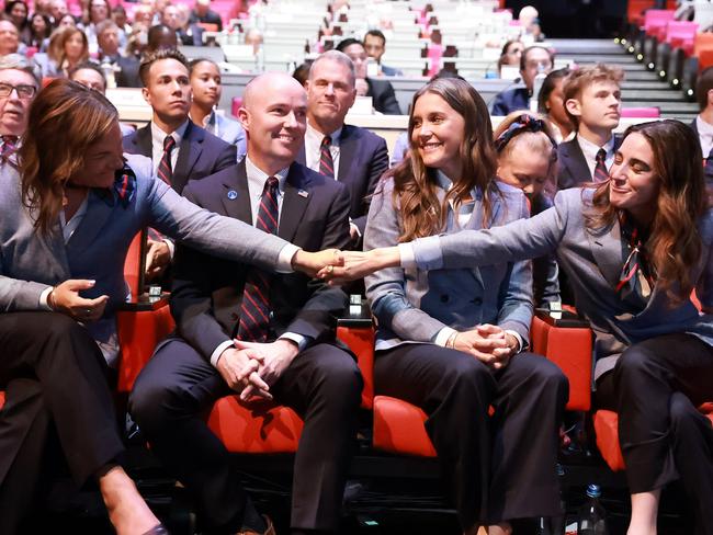 Salt Lake-Utah 2034 delegation members: four time Olympian Catherine Raney-Norman, Utah Governor Spencer Cox, Salt Lake City Mayor Erin Mendenhall, and two-time Paralympian Dani Aravich. Picture: Getty Images