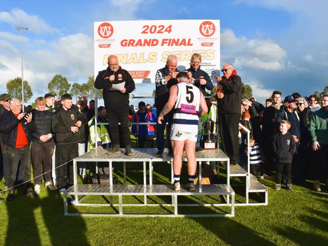 West Gippsland league grand final match 2024 — Phillip Island Bulldogs V Nar Nar Goon "The Goon" Football Club at Garfield Recreation Reserve on September 14, 2024: Nar Nar Goon Football Club: WINNERS. Picture: Jack Colantuono