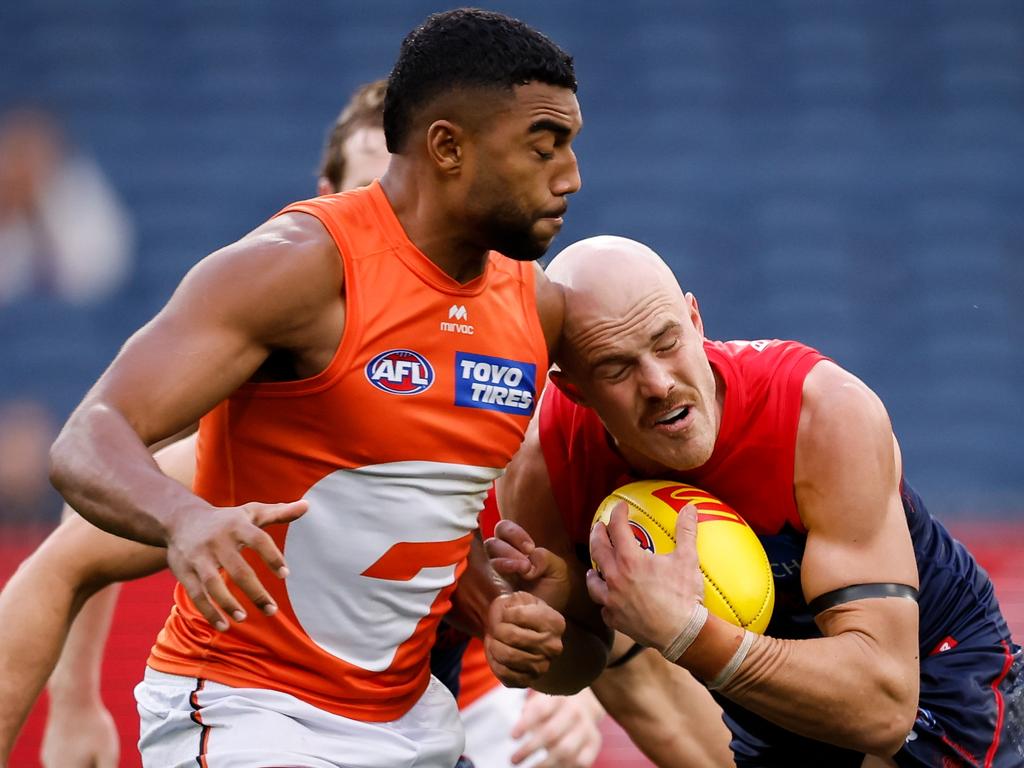 Aidan Johnson and Callum M. Brown. Picture: Dylan Burns/AFL Photos via Getty Images.