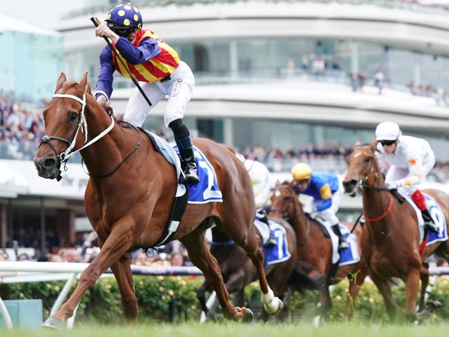 Jockey Jamie McDonald rides Nature Strip to victory in race 5, the Darley Sprint Classic, during Seppelt Wines Stakes Day at Flemington Racecourse in Melbourne, Saturday, November 9, 2019. (AAP Image/Michael Dodge) NO ARCHIVING, EDITORIAL USE ONLY