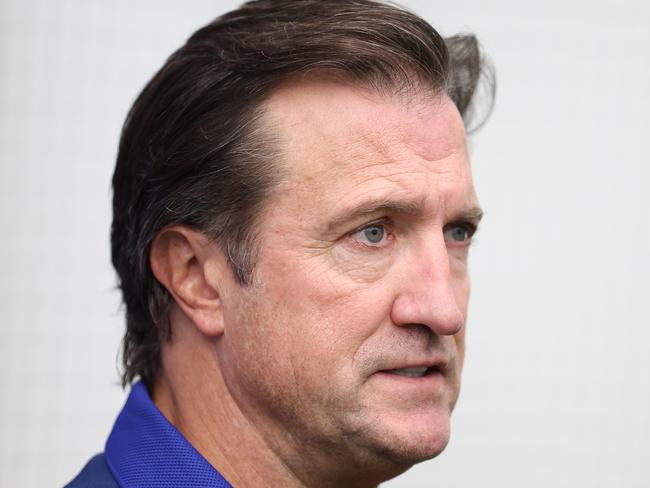 MELBOURNE, AUSTRALIA - MAY 16: Luke Beveridge, Senior Coach of the Bulldogs speaks to the mediaduring a Western Bulldogs AFL training session at Whitten Oval on May 16, 2024 in Melbourne, Australia. (Photo by Robert Cianflone/Getty Images)