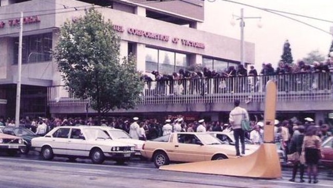 A packed arcade waiting outside Central Station Records in the 1980s. It’s no match for Federation Square. Picture: SLV