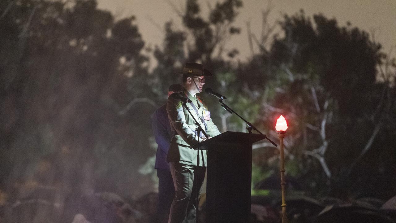 Commandant Army Aviation Training Centre Oakey Colonel David Lynch gives the main address at the Anzac Day Toowoomba Dawn Service, Tuesday, April 25, 2023. Picture: Kevin Farmer