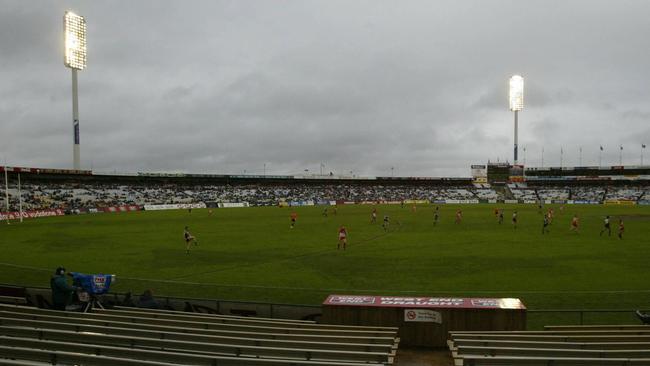 The lights shining bright at Football Park for a Port Adelaide -Sydney Swans game. 