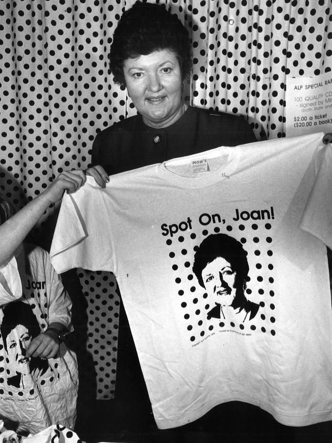 Joan Kirner at the Royal Melbourne Show, where Spot On, Joan T-shirts were for sale in 1992, the year she was ousted as premier.