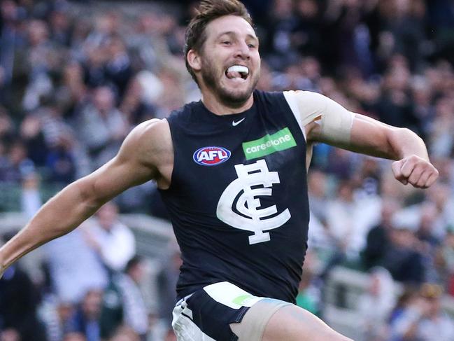 AFL :  Round 7 , Collingwood V Carlton at the M.C.G.  6th May, Melbourne Australia.  Carlton's Dale Thomas celebrates his goal in the fourth quarter  Picture : George Salpigtidis