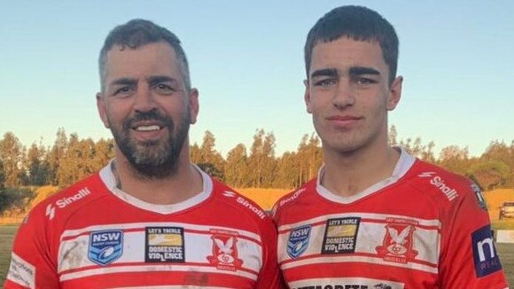 Father and son: East Campbelltown Eagles club legend Johnny Da Silva with son Tallyn after they took the field together against Campbelltown City in the Macarthur Rugby League, 17 July 2022. Picture: East Campbelltown Eagles