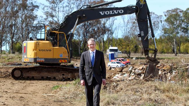 Urban Infrastructure Minister Paul Fletcher is pictured in August with the preparation for construction of Badgerys Creek Airport. Any plane landings now would be a little rough. Picture: Hollie Adams/The Australian