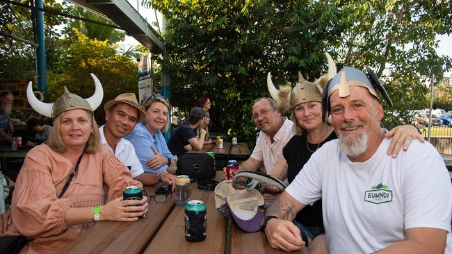 From (L-R) Jen Cubillo, Donny Cubillo, Helen Drager, Phill Drager, Pen Carmichael and Cam Carmichael at the 2023 Dinah Beach Yacht Club Viking Funeral. Picture: Pema Tamang Pakhrin