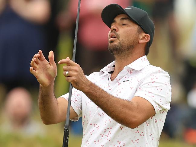 HOYLAKE, ENGLAND - JULY 22: Jason Day of Australia reacts after missing their putt on the 12th green on Day Three of The 151st Open at Royal Liverpool Golf Club on July 22, 2023 in Hoylake, England. (Photo by Luke Walker/Getty Images for HSBC)