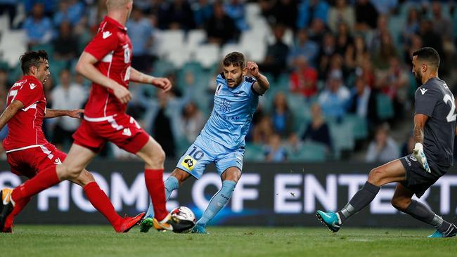 Milos Ninkovic opened the scoring beautifully. (Zak Kaczmarek/Getty Images)