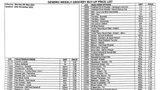 A Corrective Services NSW buy-up price list from May 2023. Source: Supplied