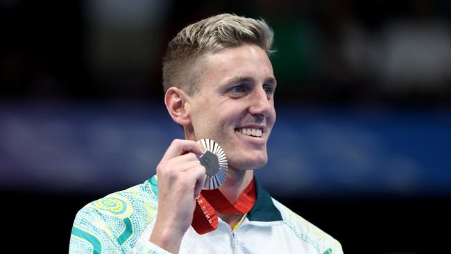 NANTERRE, FRANCE - AUGUST 29: Bronze Medallist Brenden Hall of Team Australia poses on the podium during the medal ceremony after the Swimming Men's 400m Freestyle S9 Final on day one of the Paris 2024 Summer Paralympic Games at Paris La Defense Arena on August 29, 2024 in Nanterre, France. (Photo by Michael Reaves/Getty Images)