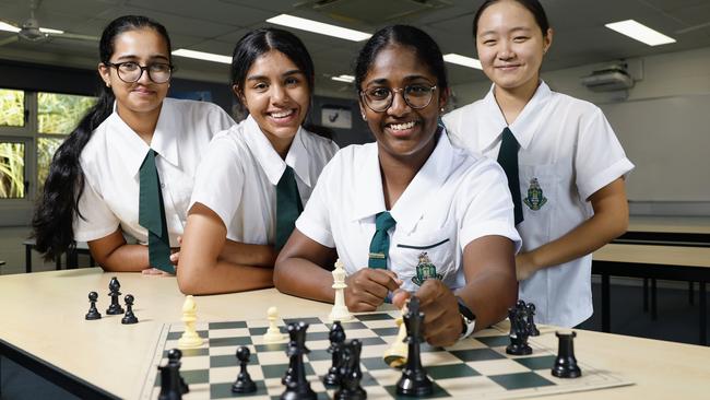 Trinity Anglican School will host the Australian School Teams chess championships at the White Rock campus this weekend. Harnoor Gill, Nyla Harris, Myuri Gopalapillai and Joanna Chen will compete as a team against the best chess schools in the country this Saturday and Sunday. Picture: Brendan Radke