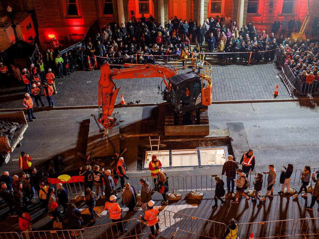 Mike Parr art installation for Dark Mofo: He his buried under Macquarie St Hobart. Picture: DARK MOFO