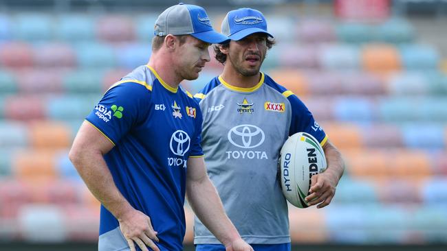 Michael Morgan and Johnathan Thurston. Picture: Evan Morgan