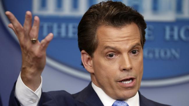 White House communications director Anthony Scaramucci gestures as he answers a question during a press briefing in the Brady Press Briefing room of the White House in Washington. Picture: AP / Pablo Martinez Monsivais.