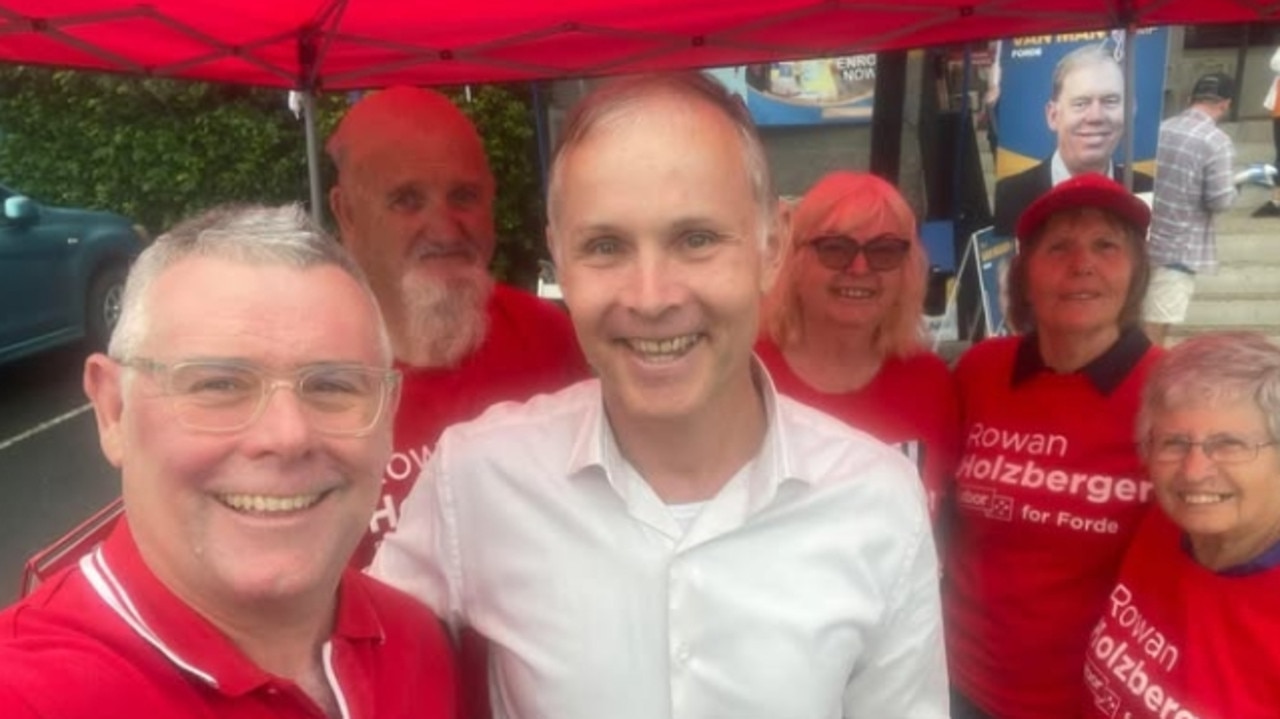 Gold Coast-based Labor Senator Murray Watt, on the pre-poll with Forde ALP candidate Rowan Holzberger (pictured right) and Labor supporters.