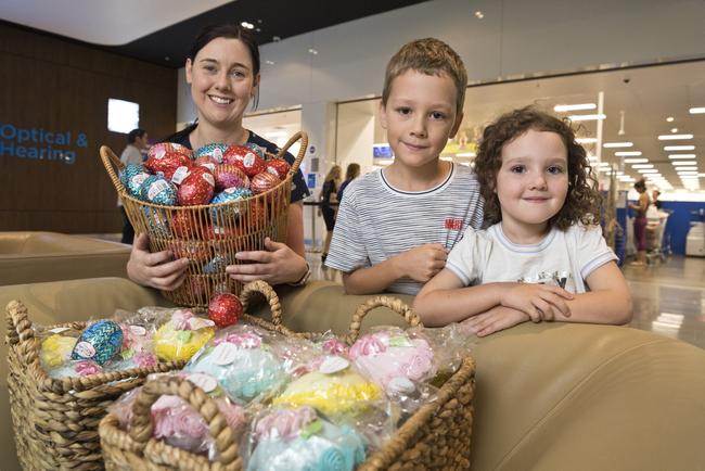 Big W Grand Central manager Anita Tawns with Ethan and Jessica Hall and Easter eggs donated by Big W and Grand Central to the Toowoomba Hospital, Thursday, April 9, 2020. Picture: Kevin Farmer