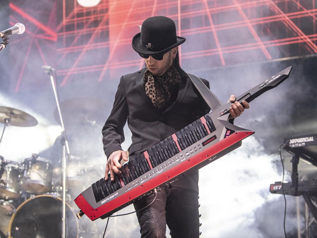 Matty Ray from Pseudo Echo plays keytar at the Toowoomba Carnival of Flowers Festival of Food and Wine. Saturday, September 10, 2022. Picture: Nev Madsen.