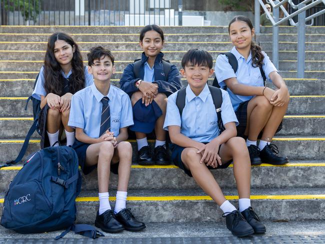 The Daily Telegraph Thursday 6 February 2025First Day Of SchoolEllie Jhinku Nicholas Jhinku Luniva Diwal Noah Cato and Kayla Burton at their First day back to school at Georges River College in Hurstville Picture Thomas Lisson