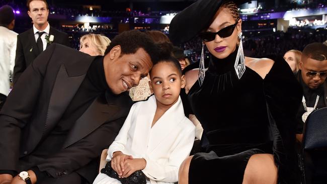 NEW YORK, NY - JANUARY 28: Recording artist Jay Z, daughter Blue Ivy Carter and recording artist Beyonce attend the 60th Annual GRAMMY Awards at Madison Square Garden on January 28, 2018 in New York City.  (Photo by Kevin Mazur/Getty Images for NARAS)