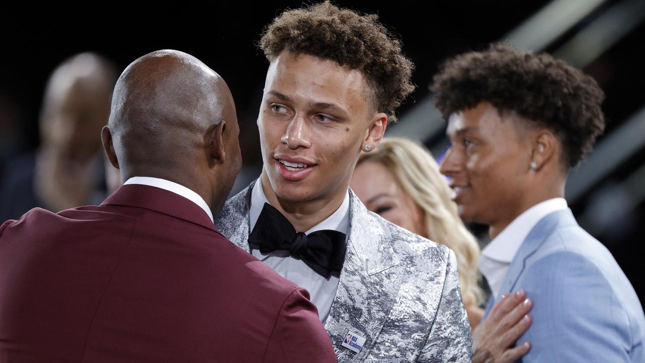 Dyson Daniels hugs his dad after being drafted with the 8th overall pick by the New Orleans Pelicans during the 2022 NBA draft in New York City. Picture: Sarah Stier/Getty Images