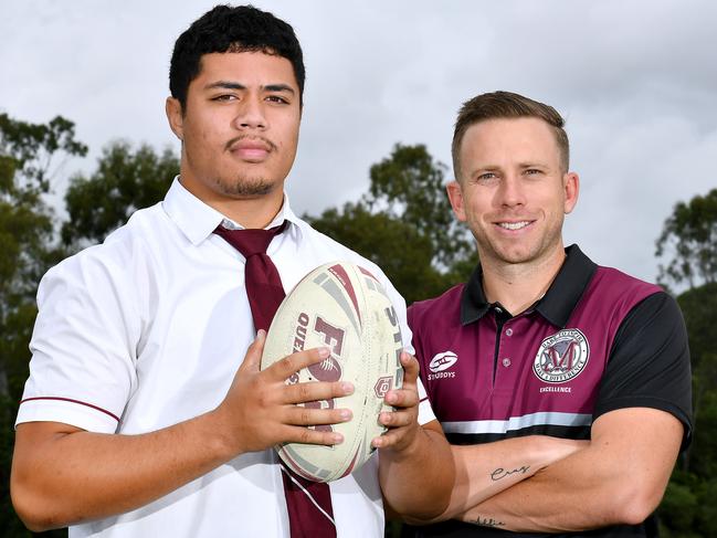 MArsden State High coach Matt Hartigan with Queensland U19s Origin representative forward Christopher Faagutu. Picture: John Gass