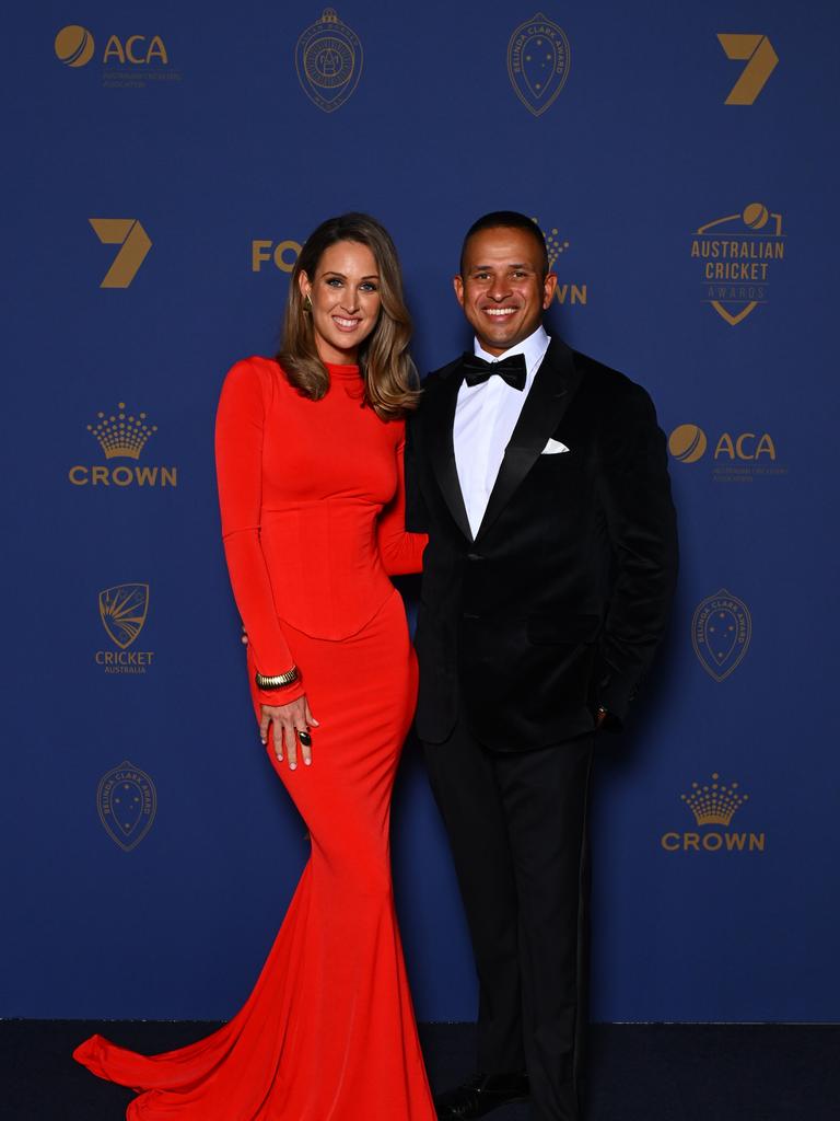 Usman Khawaja and Rachel Khawaja arrive ahead of the 2024 Cricket Australia Awards at Crown Palladium on January 31, 2024 in Melbourne, Australia. (Photo by Morgan Hancock/Getty Images for Cricket Australia)
