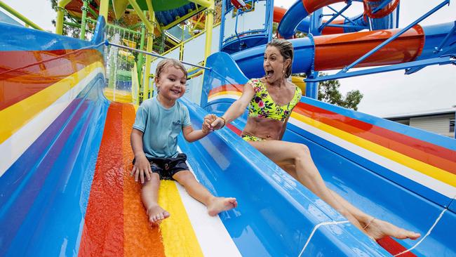 Liz Cantor and her son Kit, 3, checking out the water slides. Picture: Jerad Williams