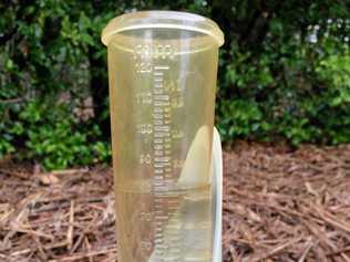 A rain gauge in Lawrence St shows Gympie's recording of 80mm overnight. Picture: Rowena Robertson