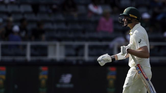 Matt Renshaw leaves the field after being dismissed by Vernon Philander for eight runs.
