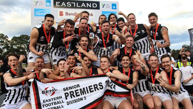 EFNL 2024: Surrey Park celebrates the Division 3 flag. Picture: Davis Harrigan