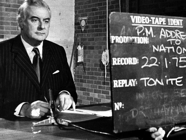 PM Gough Whitlam gets ready to record his TV address to the nation 05/75. pic News Limited.