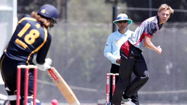 PAC’s Carl Arnold bowls to Scotch’s Matthew Dixon during the Messenger Bowl Twenty20 school cricket final. Picture: Sarah Reed