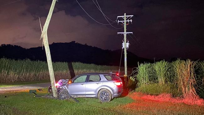 Ergon Energy has released this picture after a car crashed into a power pole about 4.30am on Lower Freshwater Rd, Kamerunga. Picture: Supplied