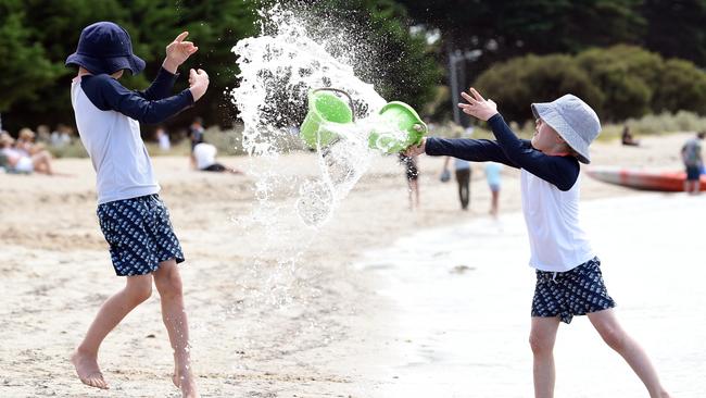 Reuben and Marcel Deppele having fun at Portarlington beach. Picture: David Smith